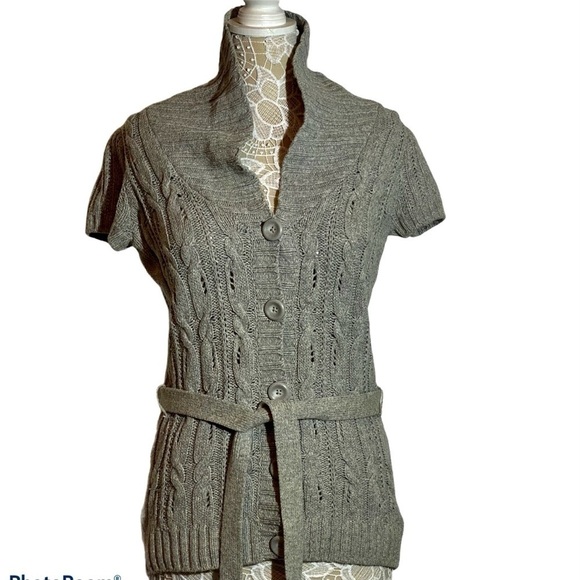 L.O.G.G by H&M short sleeve cardigan gray Cable Knit Cotton Wool Blend size L - Picture 1 of 11